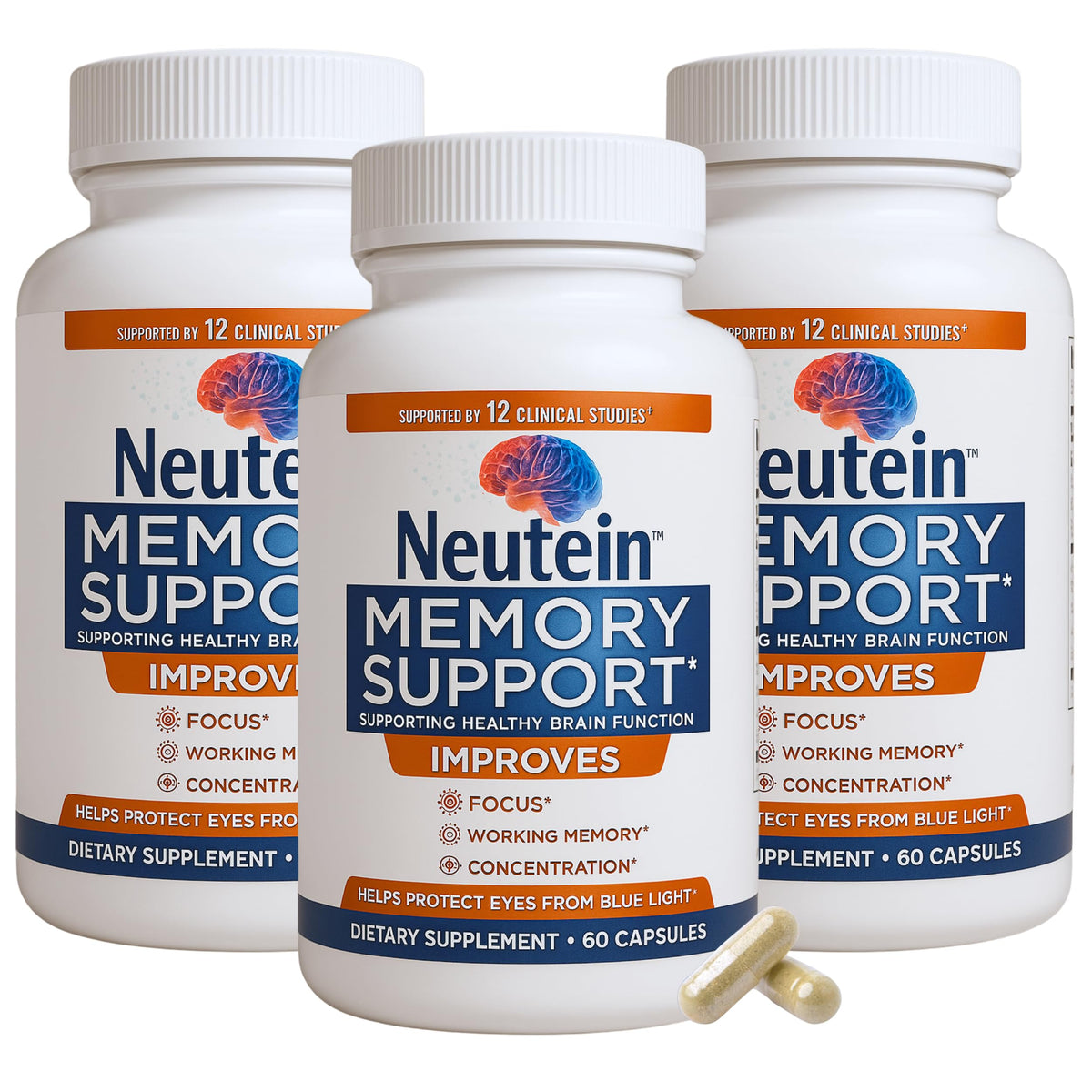 Neutein memory and focus bottle promotes daily cognitive support and clarity.