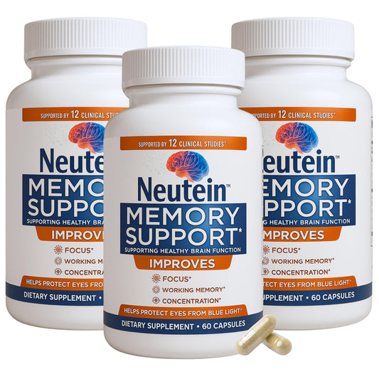 Neutein memory and focus bottle promotes daily cognitive support and clarity.