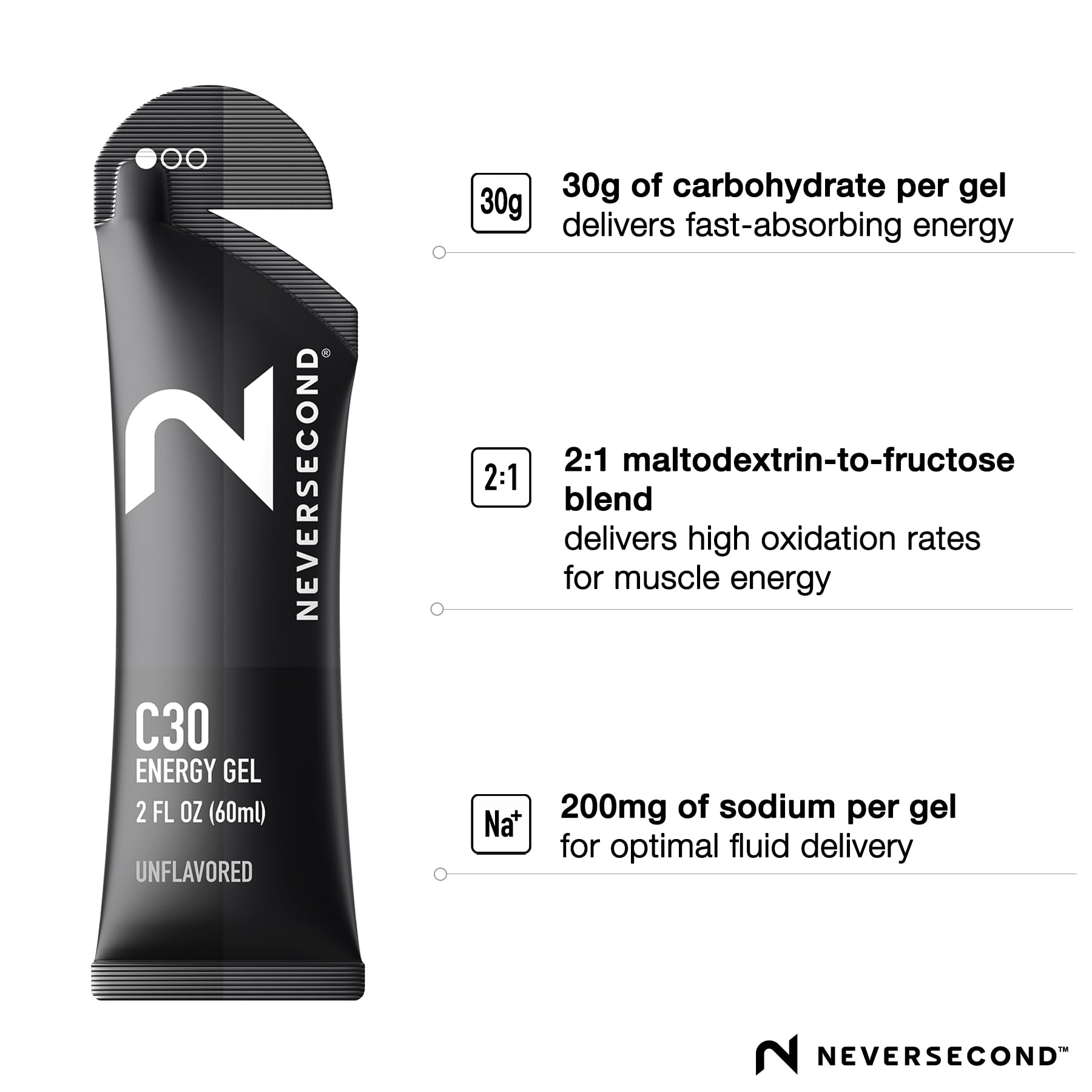 Neversecond C30 Energy Gel with 200mg sodium supports fluid absorption during long workouts.