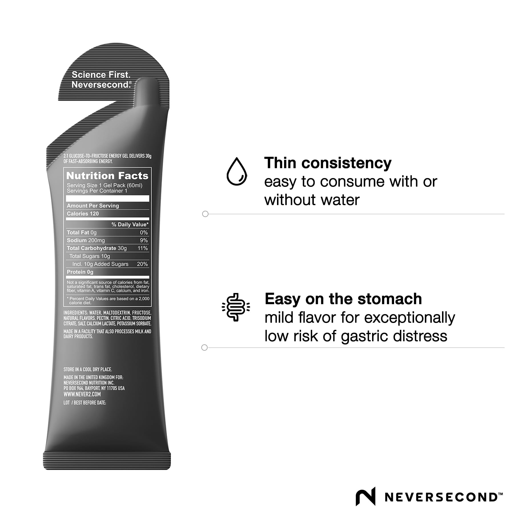 Neversecond C30 Energy Gel with a 2:1 glucose-to-fructose ratio for fast energy.