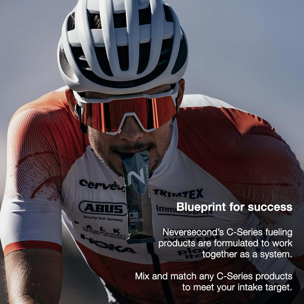 Neversecond C30 Energy Gel fits 12-serving supply in a slim pouch.