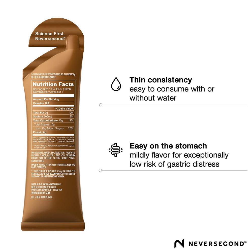 Neversecond C30+ energy gel with caffeine boosts focus during long runs.
