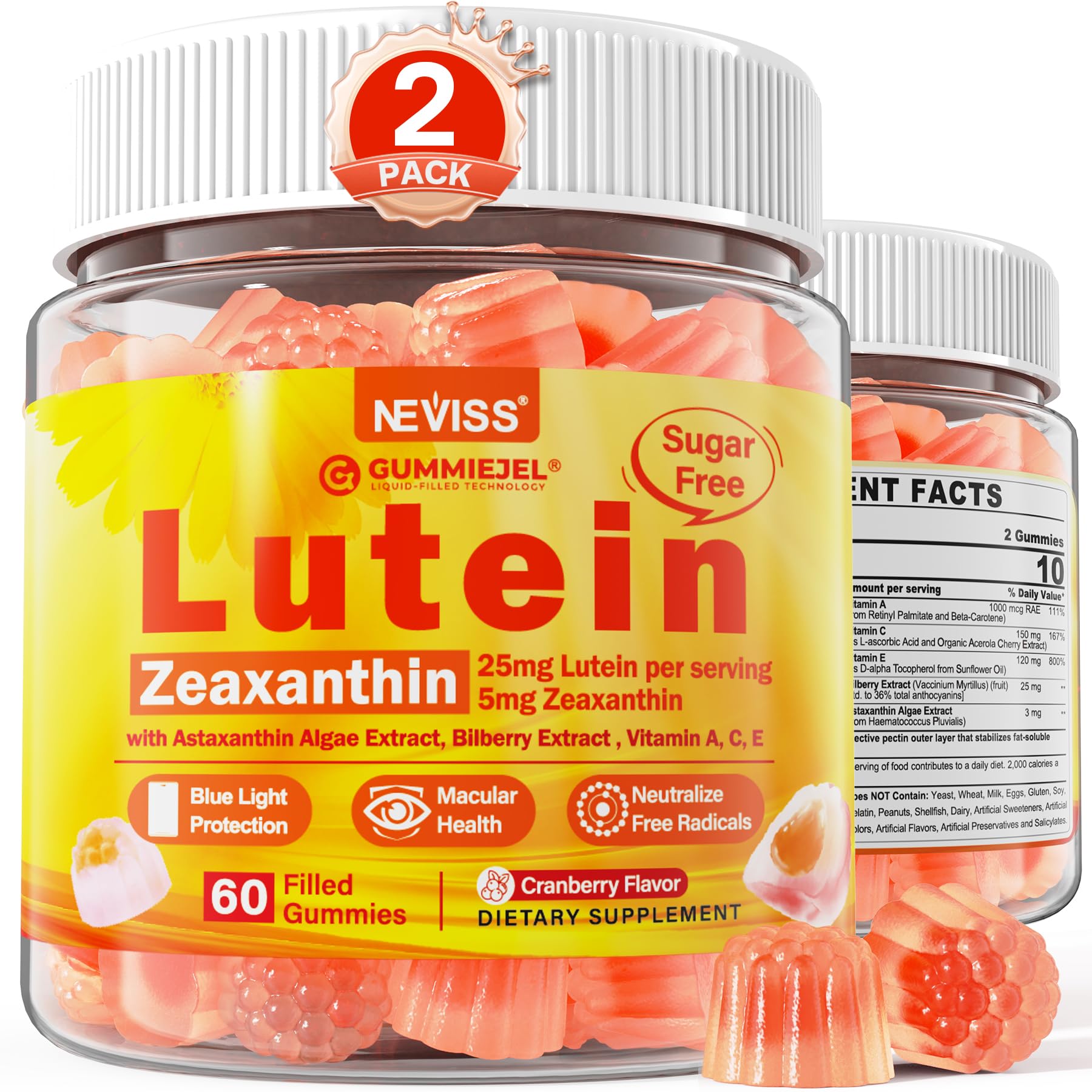 NEVISS lutein and zeaxanthin gummies bottle front with 25 mg lutein per serving for eye support