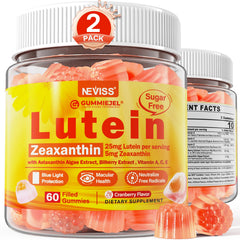 NEVISS lutein and zeaxanthin gummies bottle front with 25 mg lutein per serving for eye support