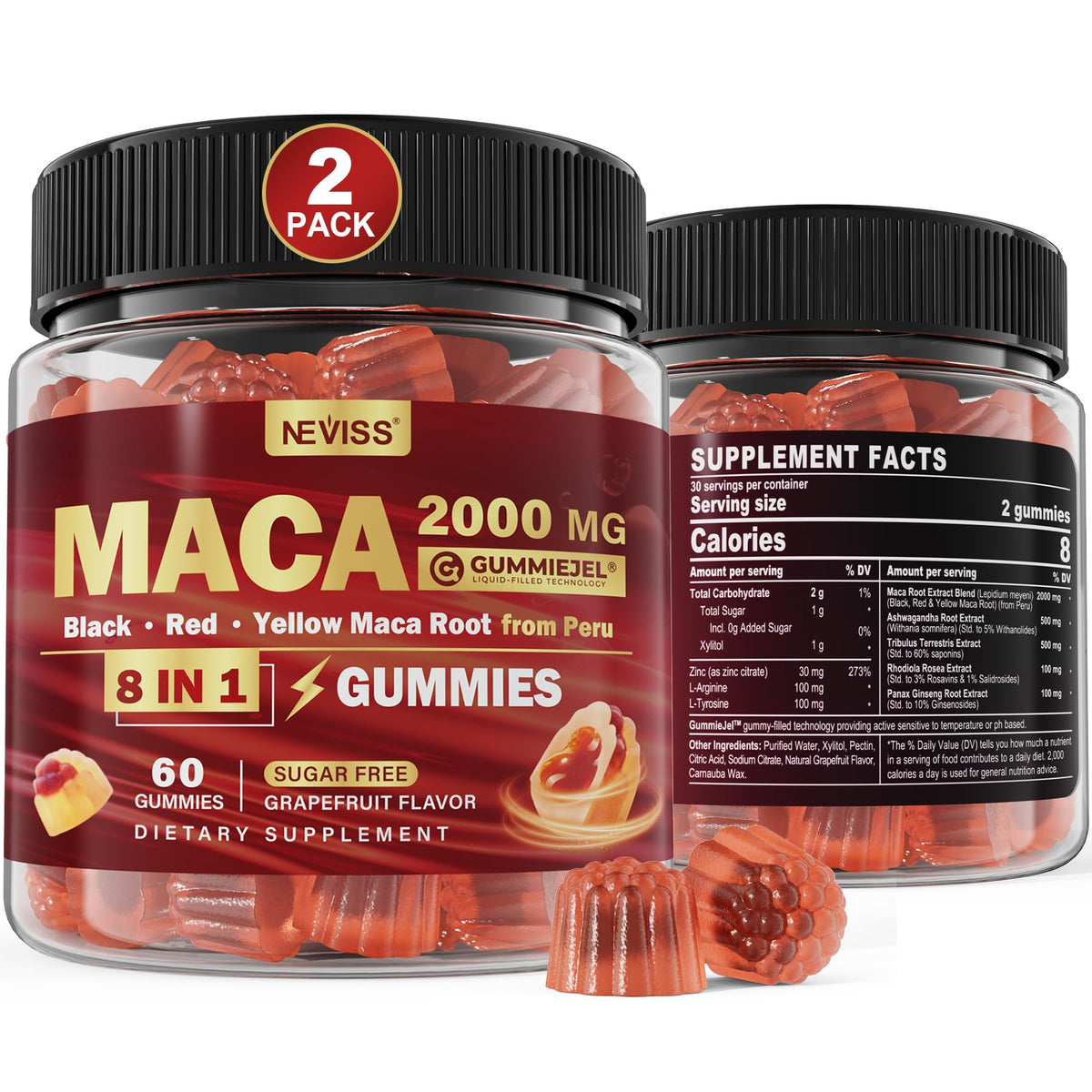 NEVISS 2Pack Sugar-Free Maca Gummies close-up highlighting texture and grapefruit flavor.