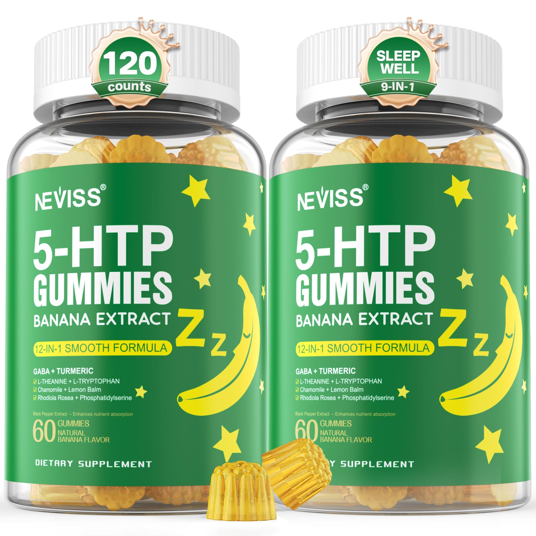 NEVISS 5-HTP gummies bottle for a calm evening routine.