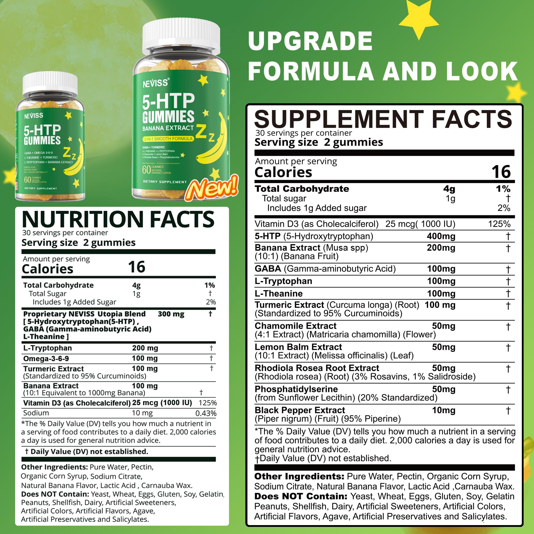NEVISS 5-HTP gummies label close-up highlighting melatonin-free relaxation.