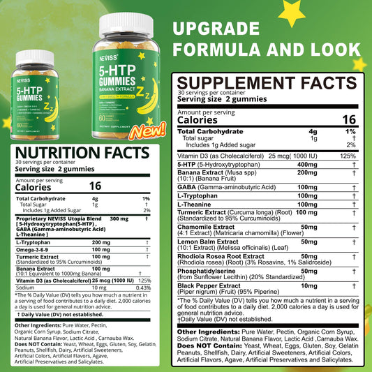 NEVISS 5-HTP gummies label close-up highlighting melatonin-free relaxation.