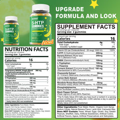NEVISS 5-HTP gummies label close-up highlighting melatonin-free relaxation.