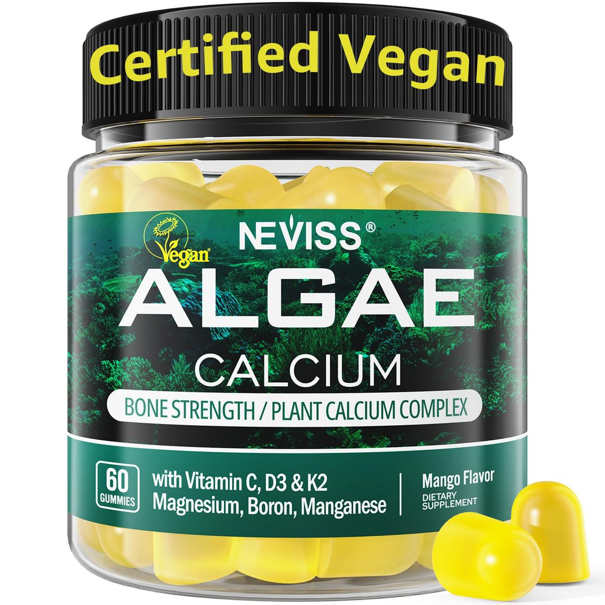 NEVISS algae calcium gummies bottle showing vegan, sugar-free bone support.