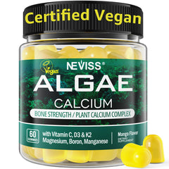 NEVISS algae calcium gummies bottle showing vegan, sugar-free bone support.