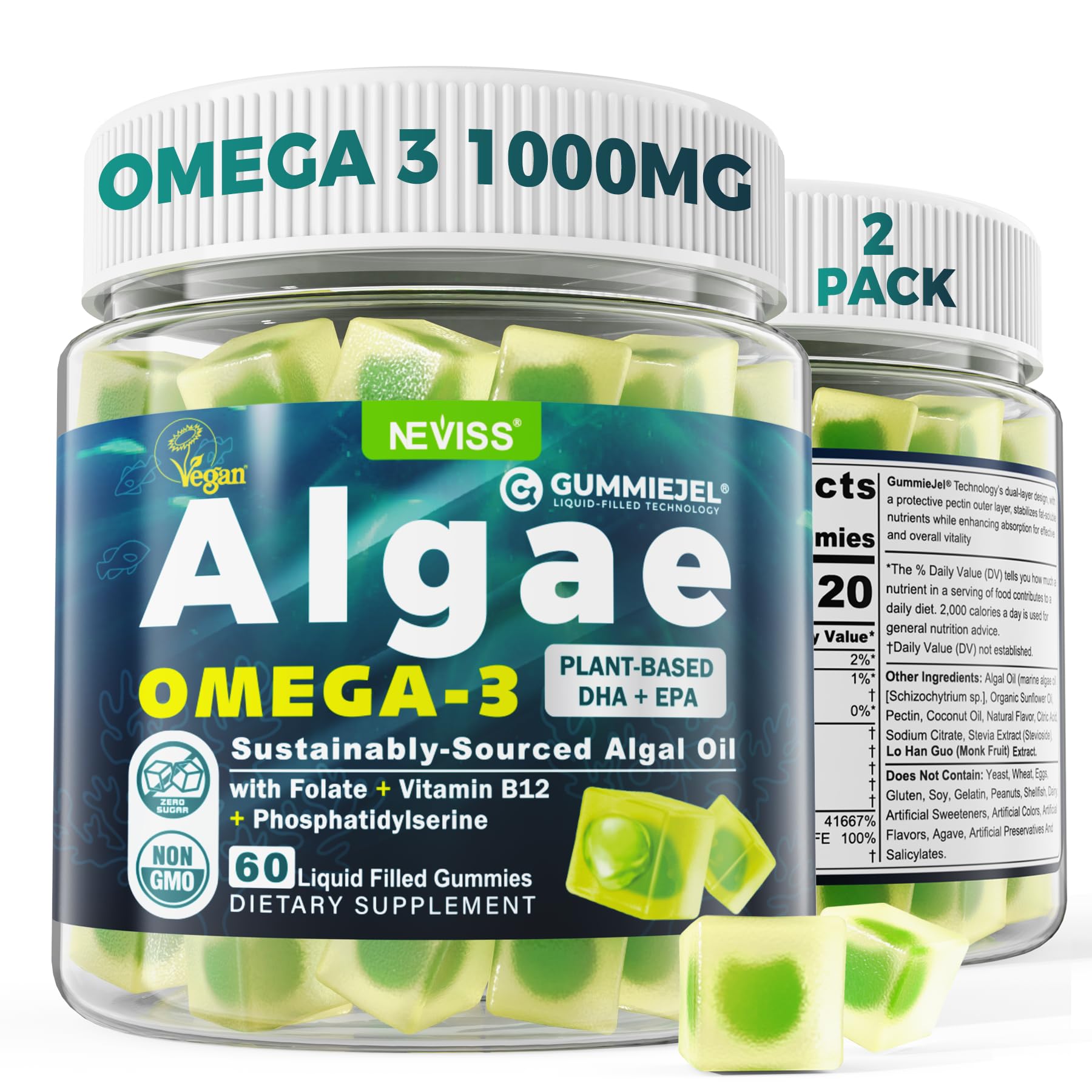 NEVISS algae omega-3 gummies bottle front with DHA 460 mg and EPA 230 mg emphasis