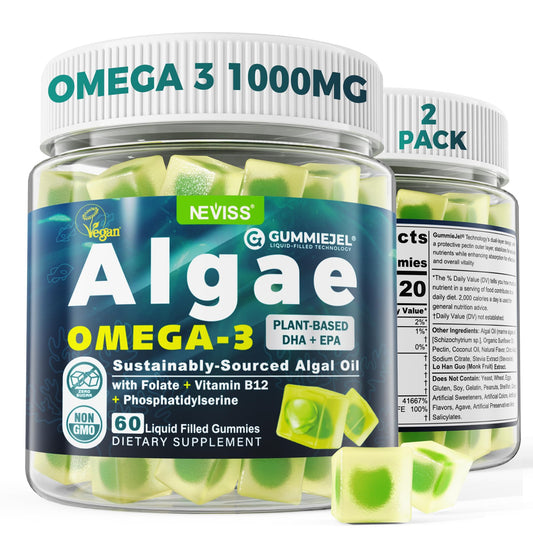 NEVISS algae omega-3 gummies bottle front with DHA 460 mg and EPA 230 mg emphasis