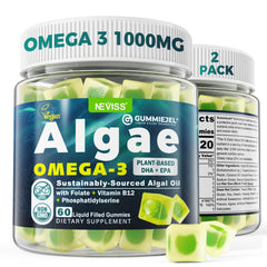 NEVISS algae omega-3 gummies bottle front with DHA 460 mg and EPA 230 mg emphasis