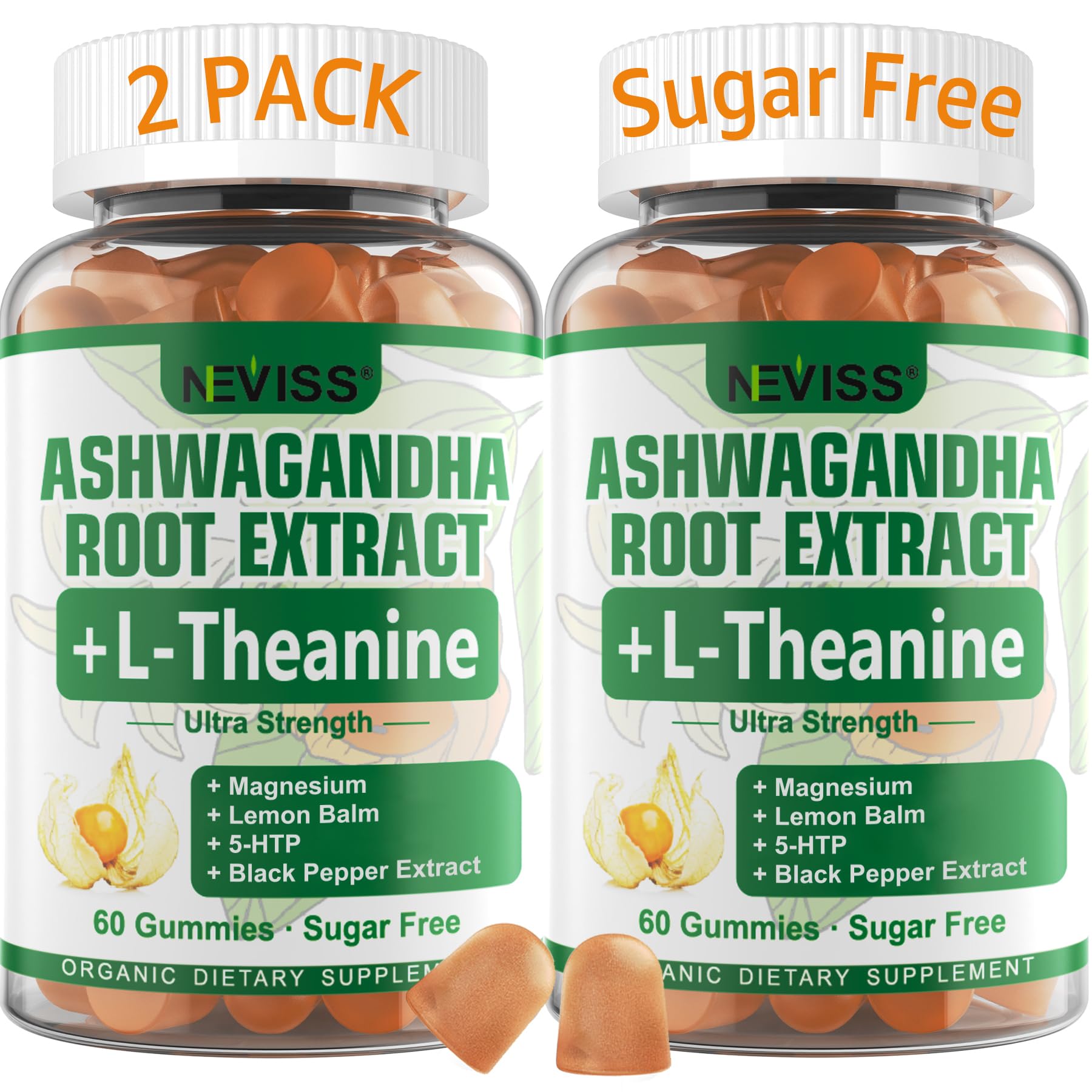 NEVISS Ashwagandha Gummies bottle view highlighting 2000 mg potency for calm evenings.