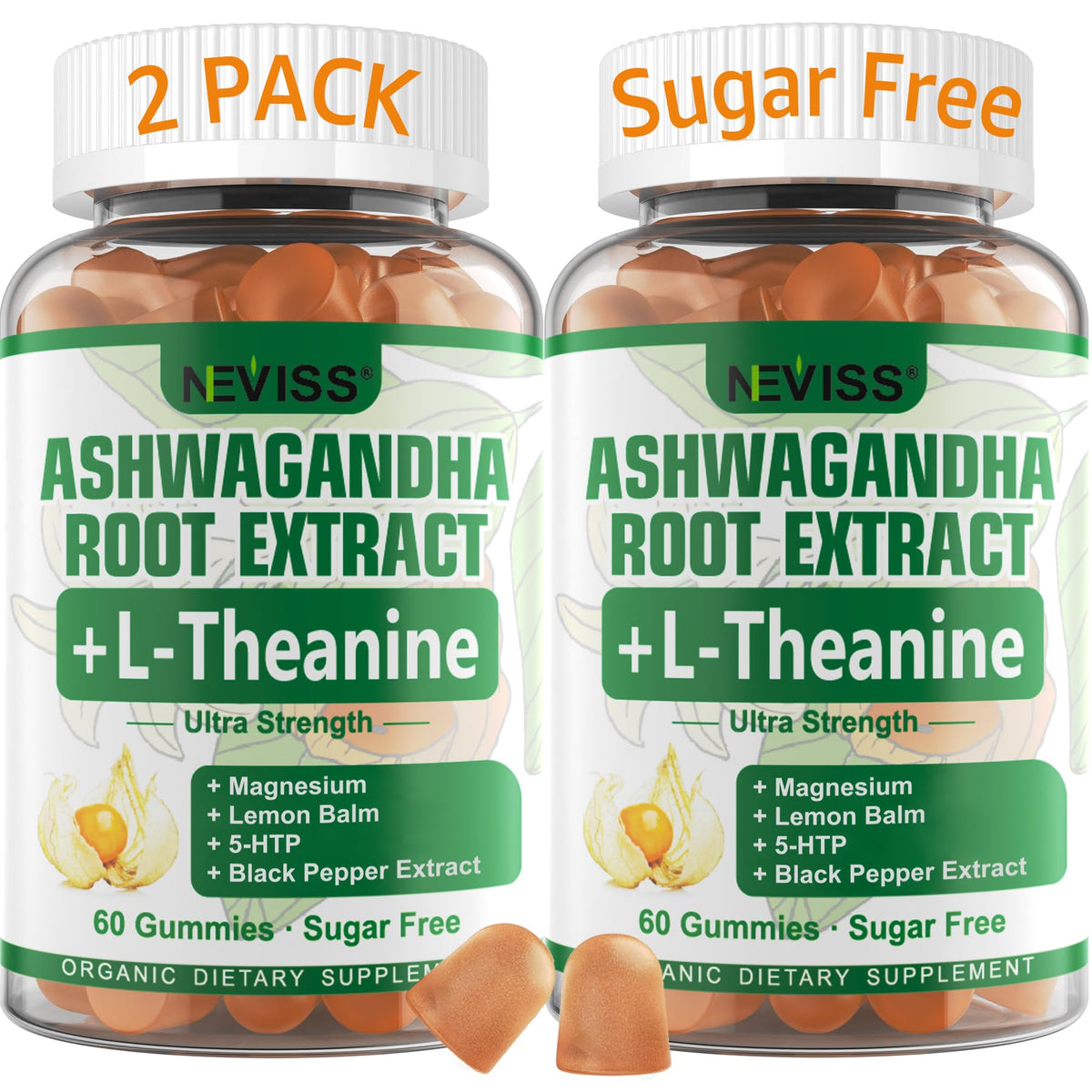 NEVISS Ashwagandha Gummies bottle view highlighting 2000 mg potency for calm evenings.