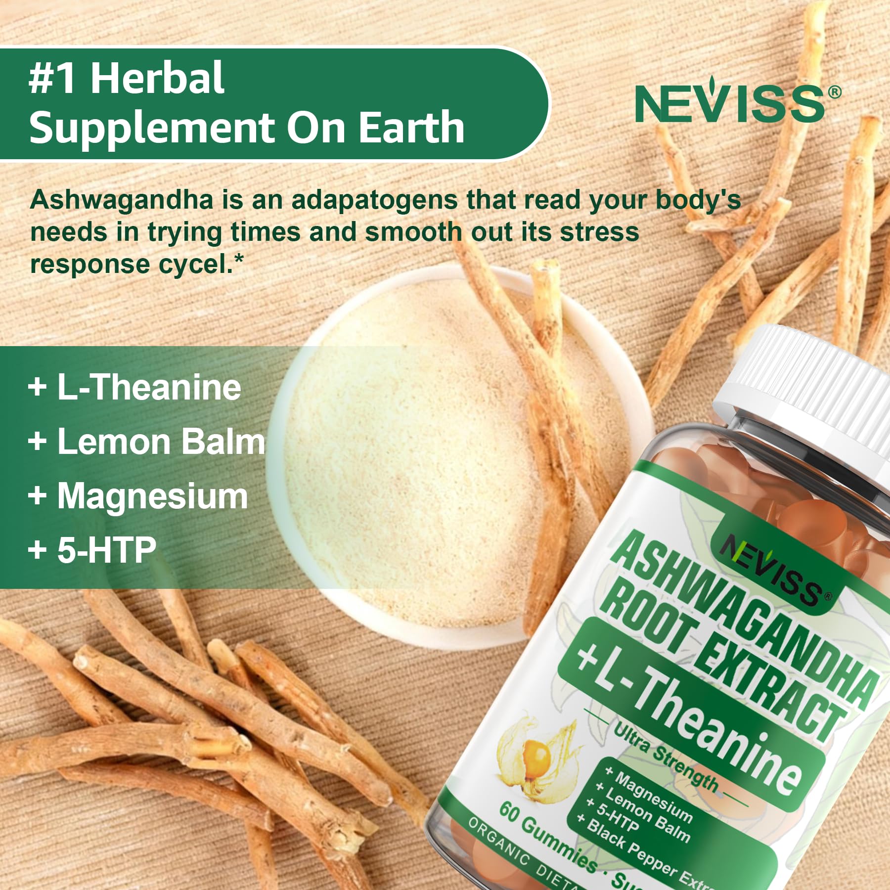 NEVISS gummies with L-Theanine and 5-HTP for focused calm.