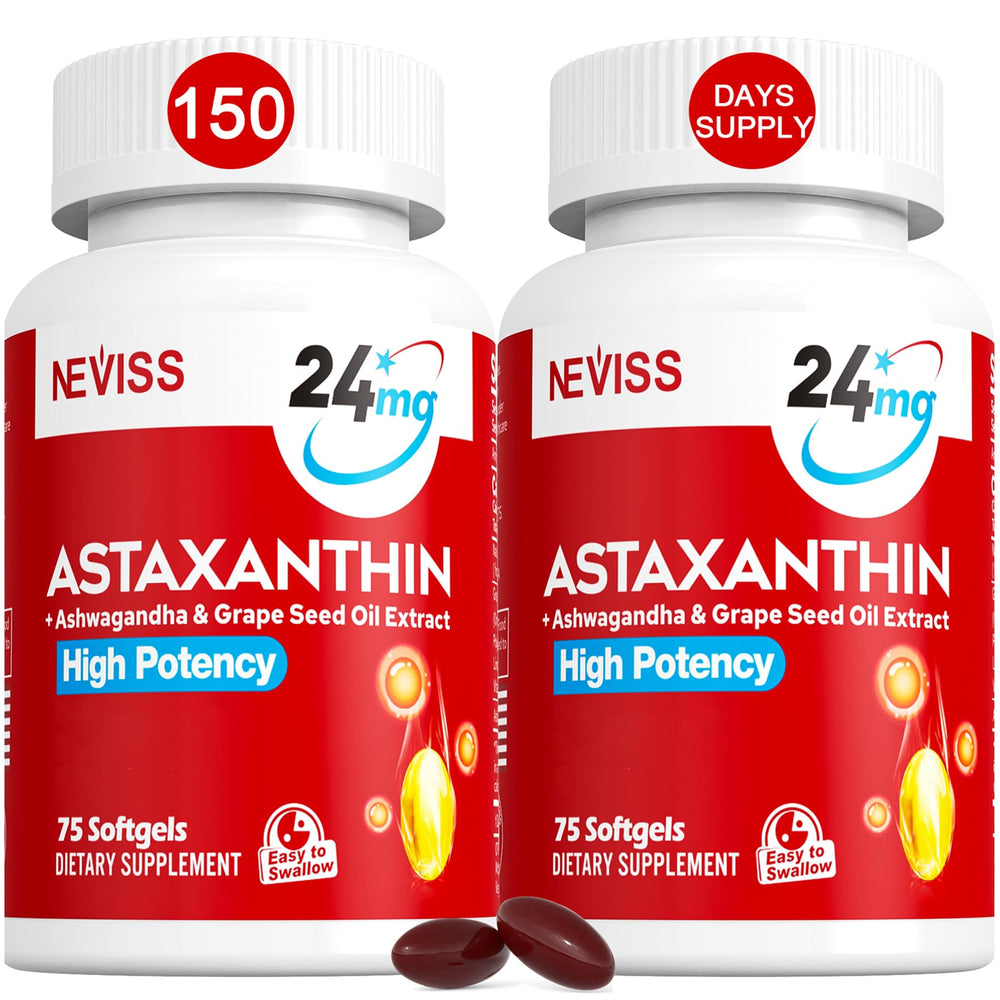 NEVISS astaxanthin softgels bottle shows antioxidant support for skin and eyes.