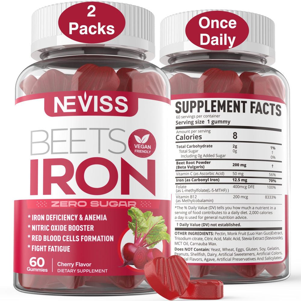 NEVISS Beet Root Gummies bottle front view, convenient daily supplement for energy support.