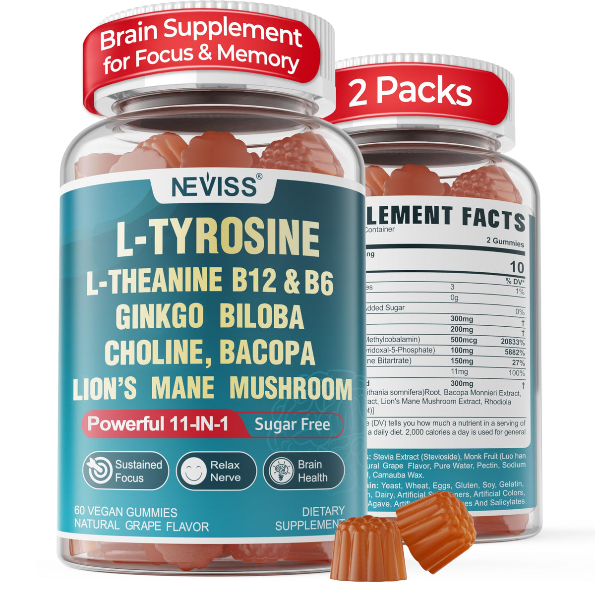 NEVISS Brain Focus Gummies bottle showing a memory and focus support formula for daily use.