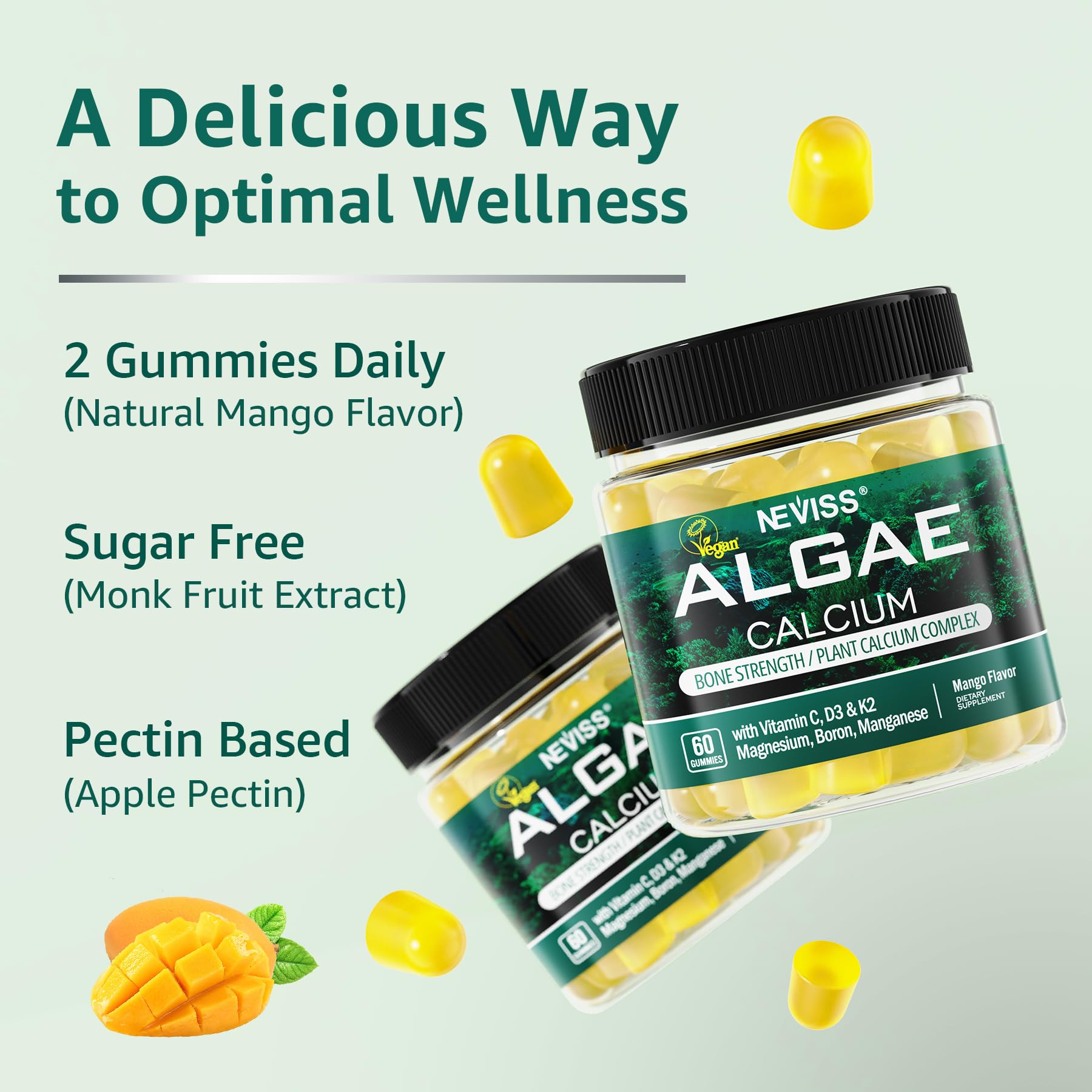 NEVISS vegan gluten-free non-GMO seal on bottle signals clean formulation.