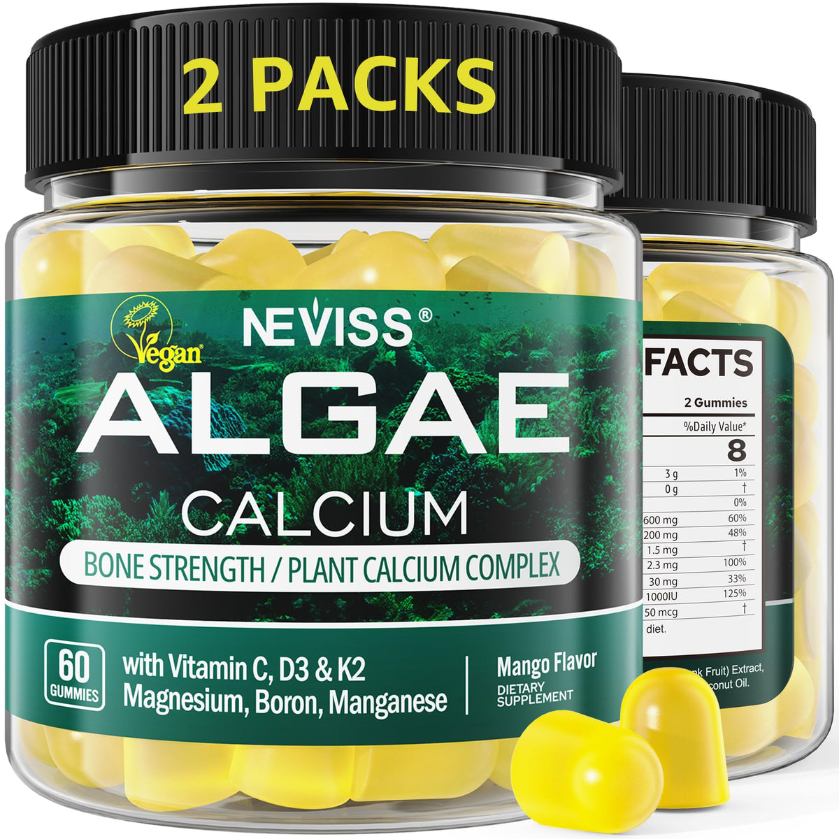 NEVISS calcium gummies women pack front highlights vegan formula for daily bone support.