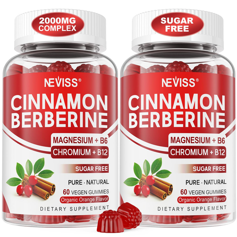 NEVISS Ceylon Cinnamon Berberine Gummies bottle promotes sugar-free daily wellness.