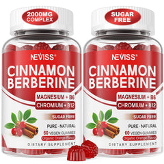 NEVISS Ceylon Cinnamon Berberine Gummies bottle promotes sugar-free daily wellness.