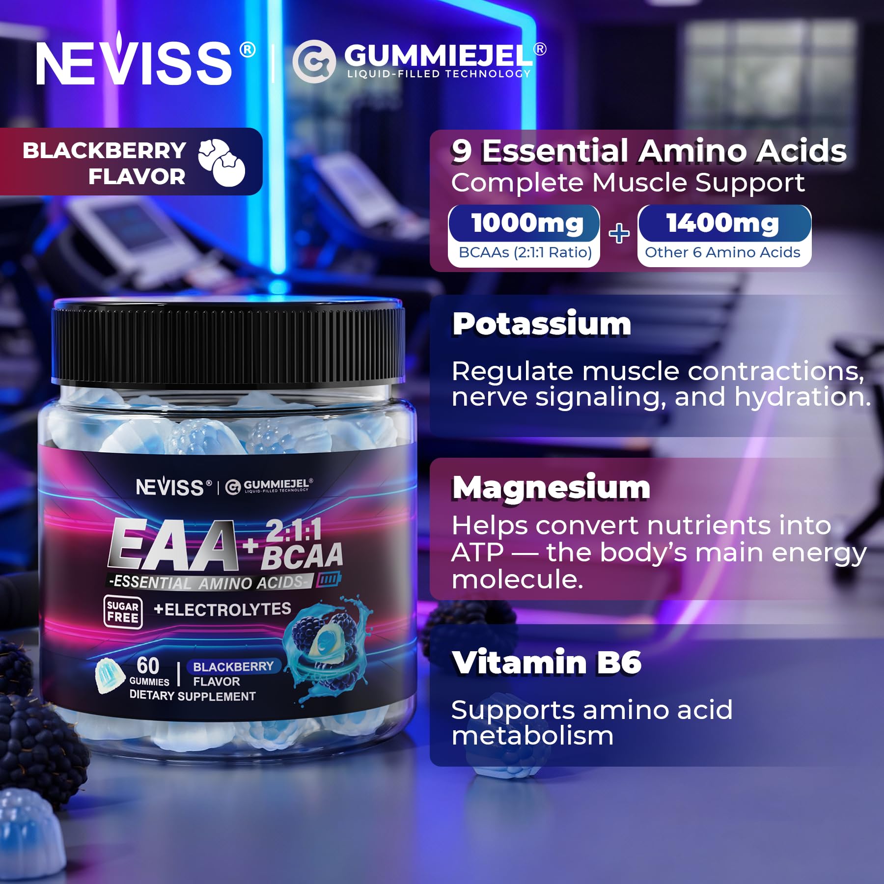 NEVISS EAA Gummies nutrition chart detailing amino acids
