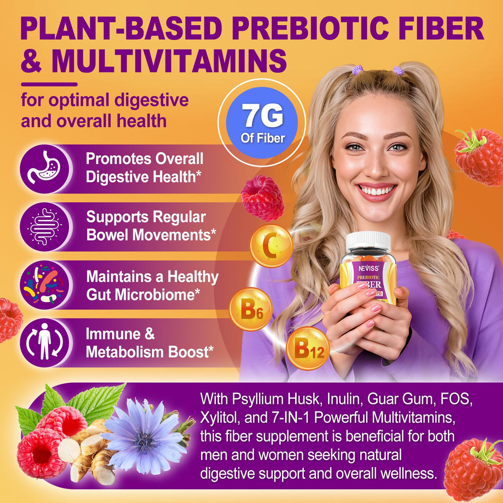 NEVISS Fiber Gummies bottle displayed for daily gut health support