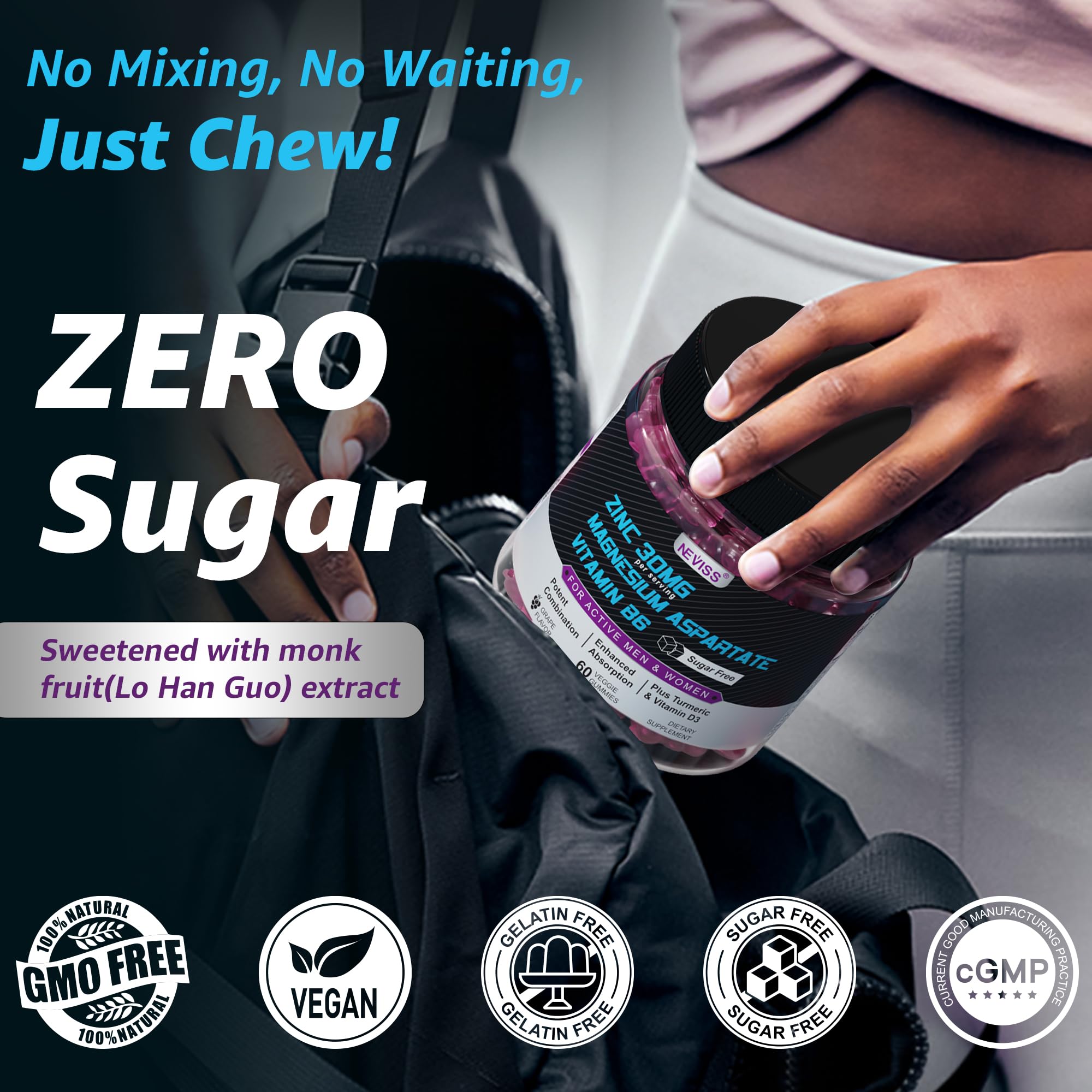 NEVISS Gummies label indicating gluten-free non-GMO and sugar-free
