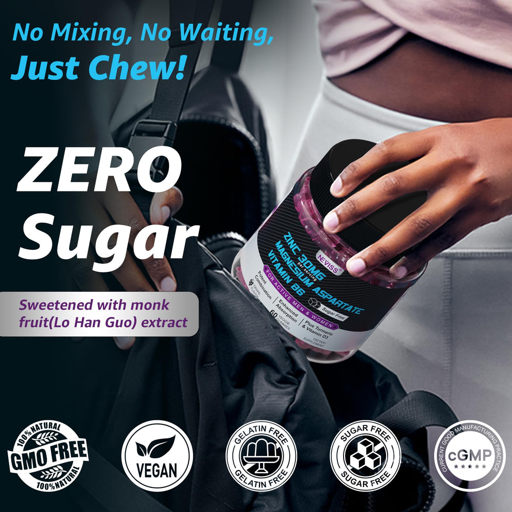NEVISS Gummies label indicating gluten-free non-GMO and sugar-free