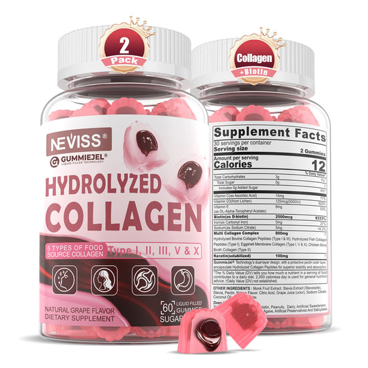 NEVISS hydrolyzed collagen gummies bottle for easy daily collagen intake and skin support.