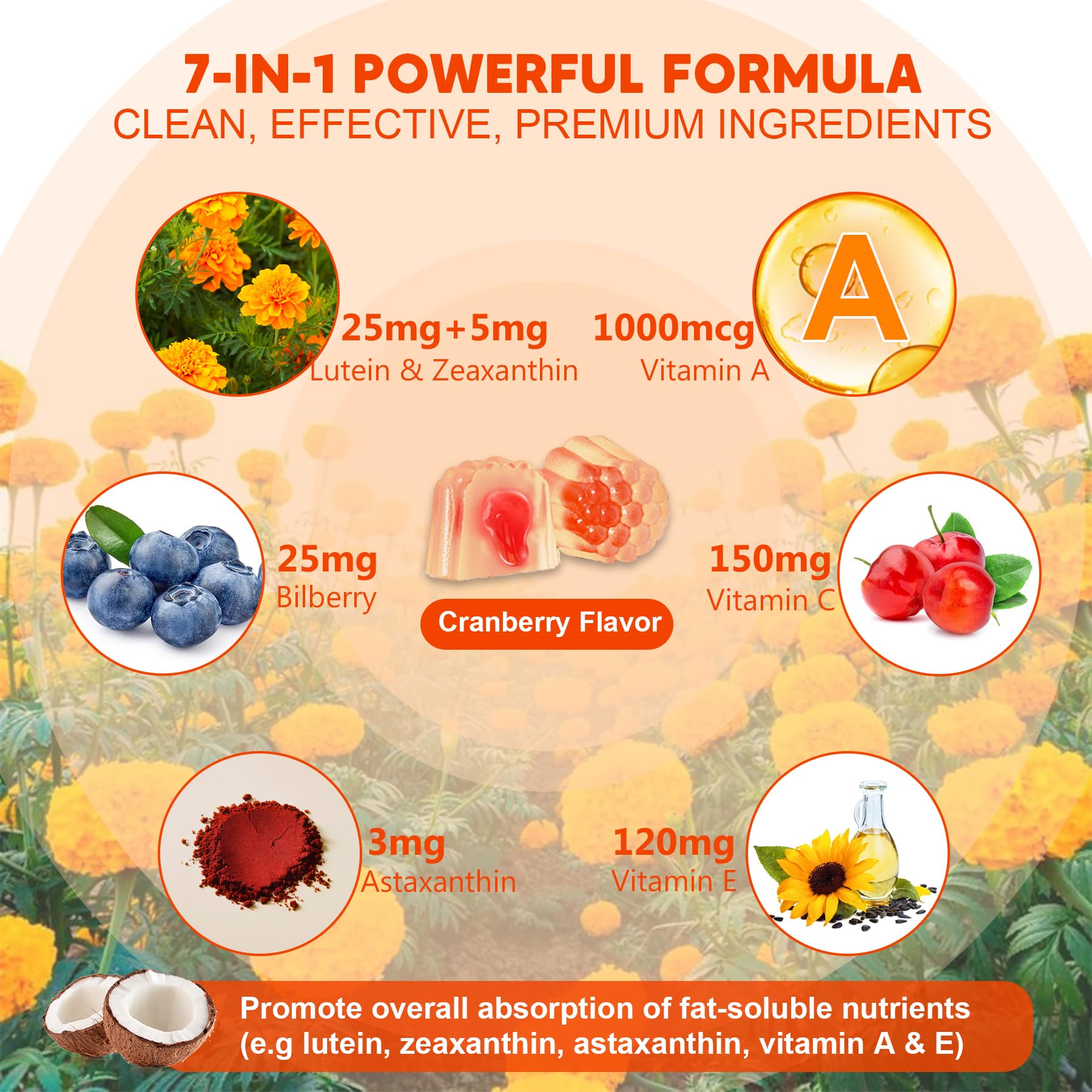 Ingredients panel of NEVISS gummies featuring bilberry and astaxanthin for antioxidants