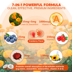 Ingredients panel of NEVISS gummies featuring bilberry and astaxanthin for antioxidants
