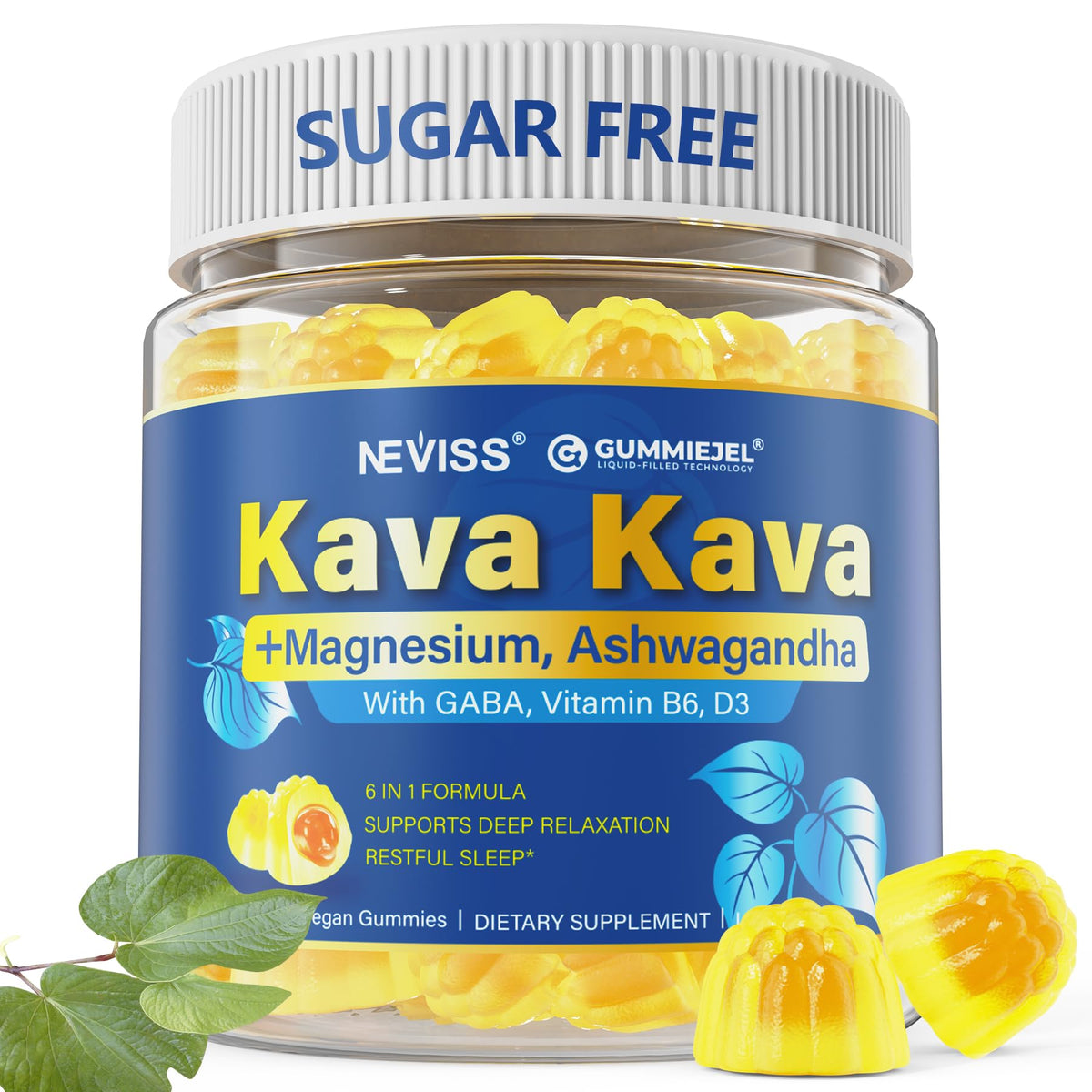 NEVISS Kava Kava Gummies bottle promoting calm and convenience.