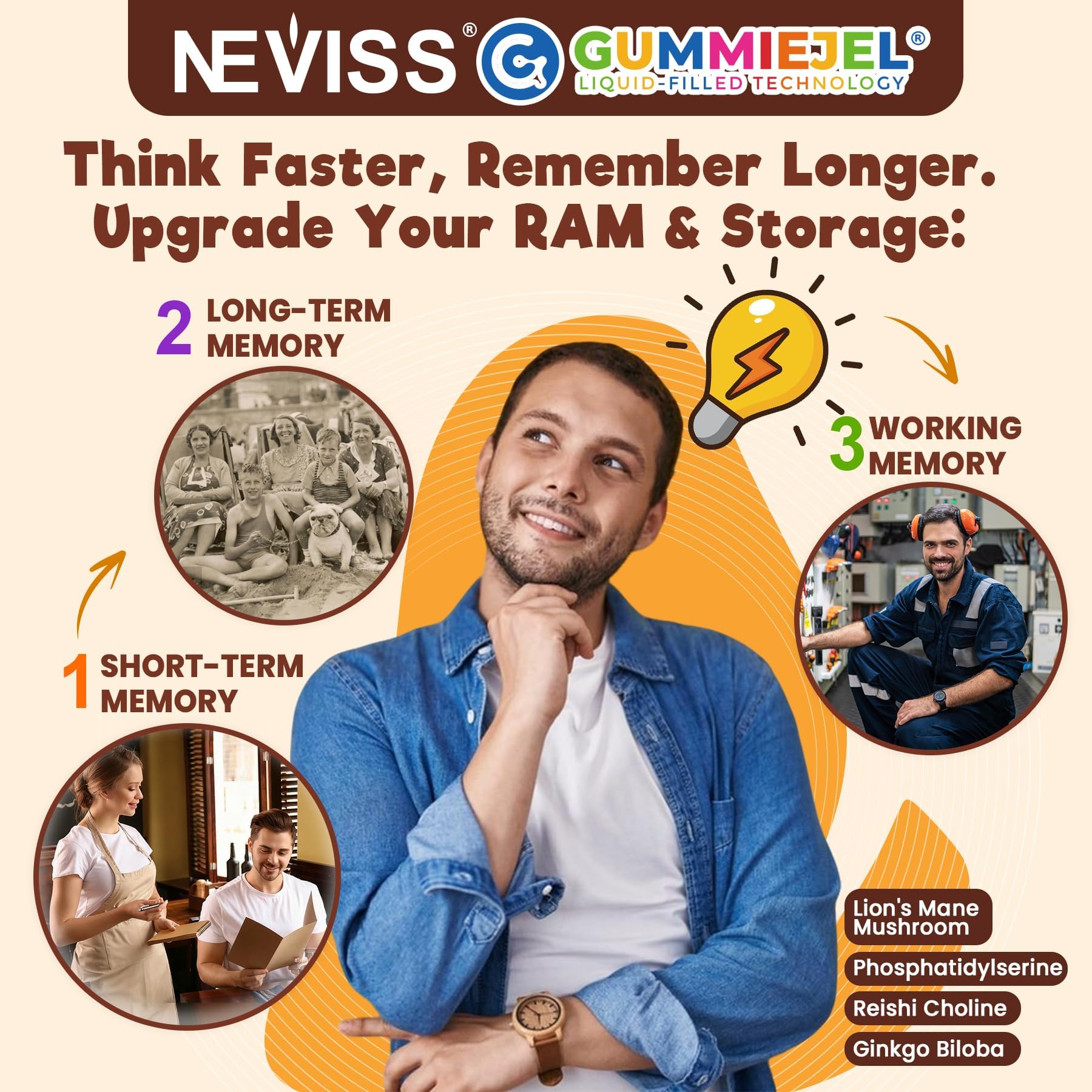 Neviss Kids 10+ Focus gummies, ingredients visual with Lion’s Mane and B vitamins.