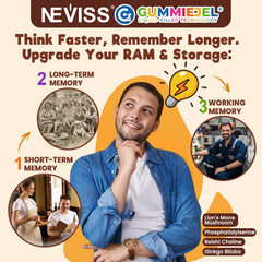 Neviss Kids 10+ Focus gummies, ingredients visual with Lion’s Mane and B vitamins.