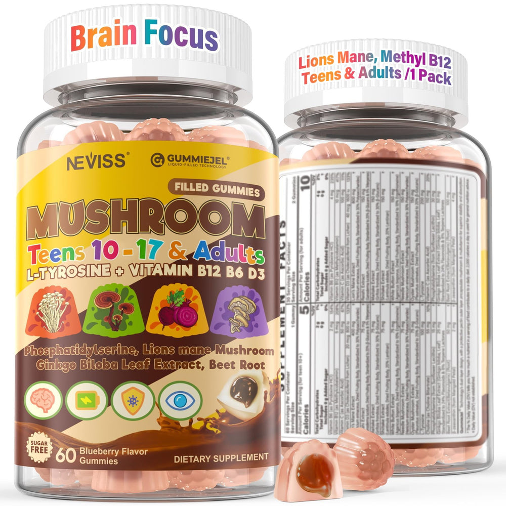 Neviss Kids 10+ Focus gummies, lion mane pack for study focus.