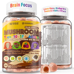 Neviss Kids 10+ Focus gummies, lion mane pack for study focus.