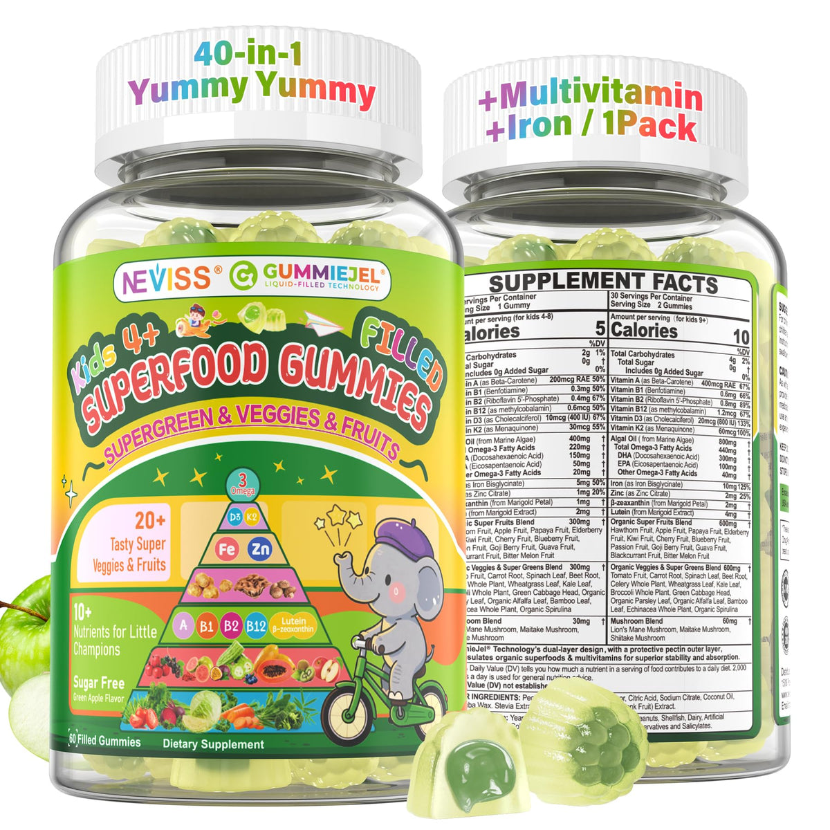 NEVISS Kids gummy bottle with colorful fruits for immune support and daily energy
