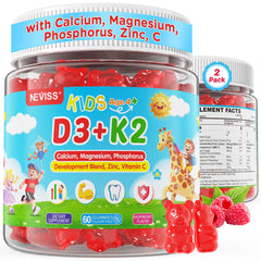 Neviss Kids D3 K2 bottle of gummies for daily growth support.