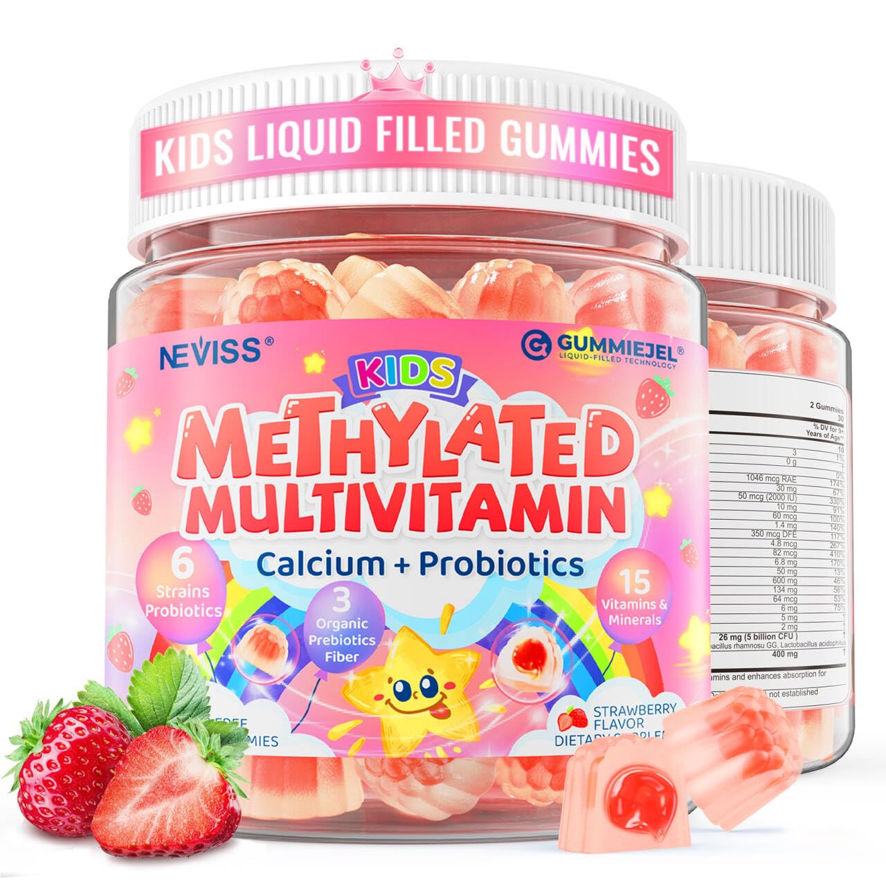 Neviss Kids Multivitamin Gummies bottle showing colorful daily supplement for growing bones and immune health.