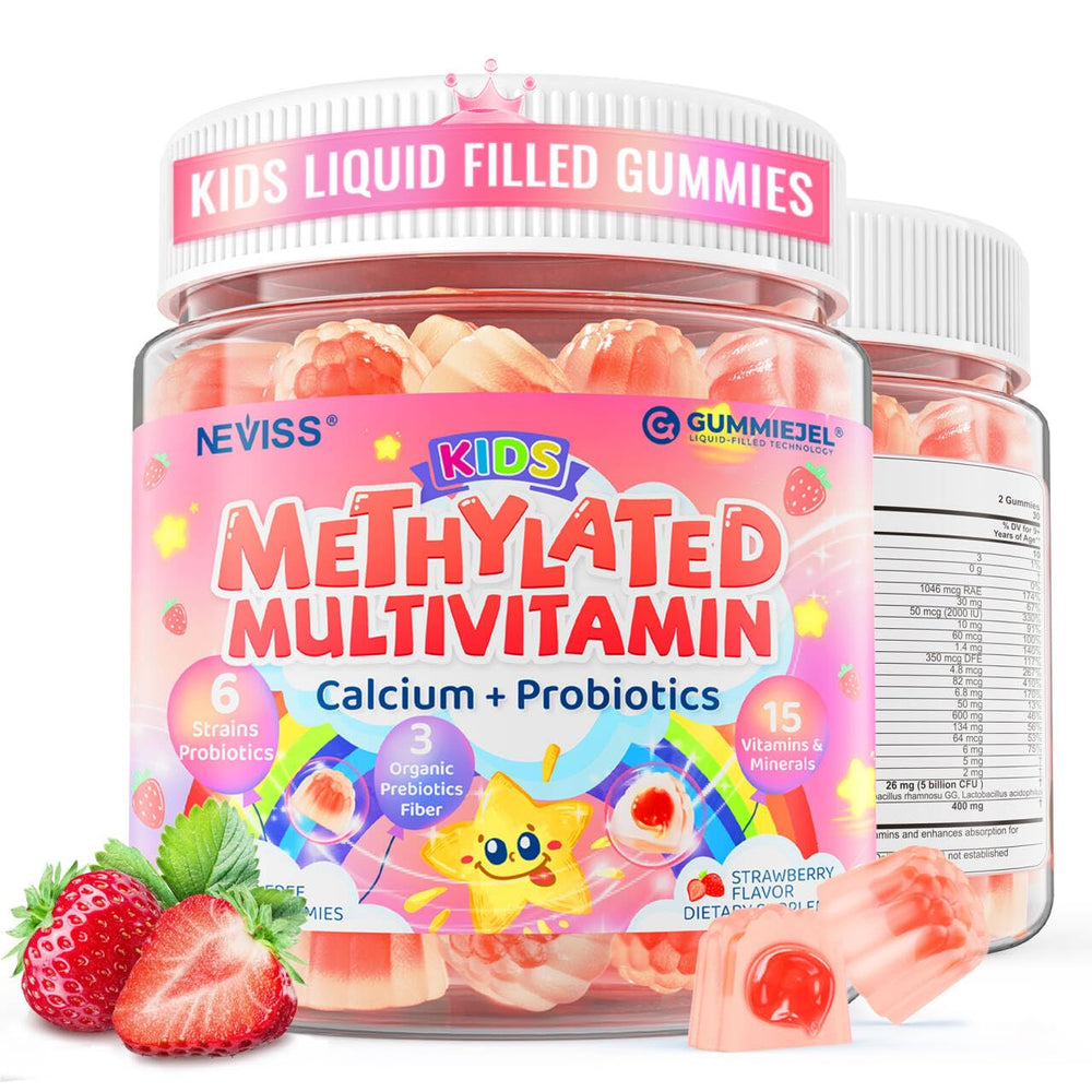 Neviss Kids Multivitamin Gummies bottle showing colorful daily supplement for growing bones and immune health.