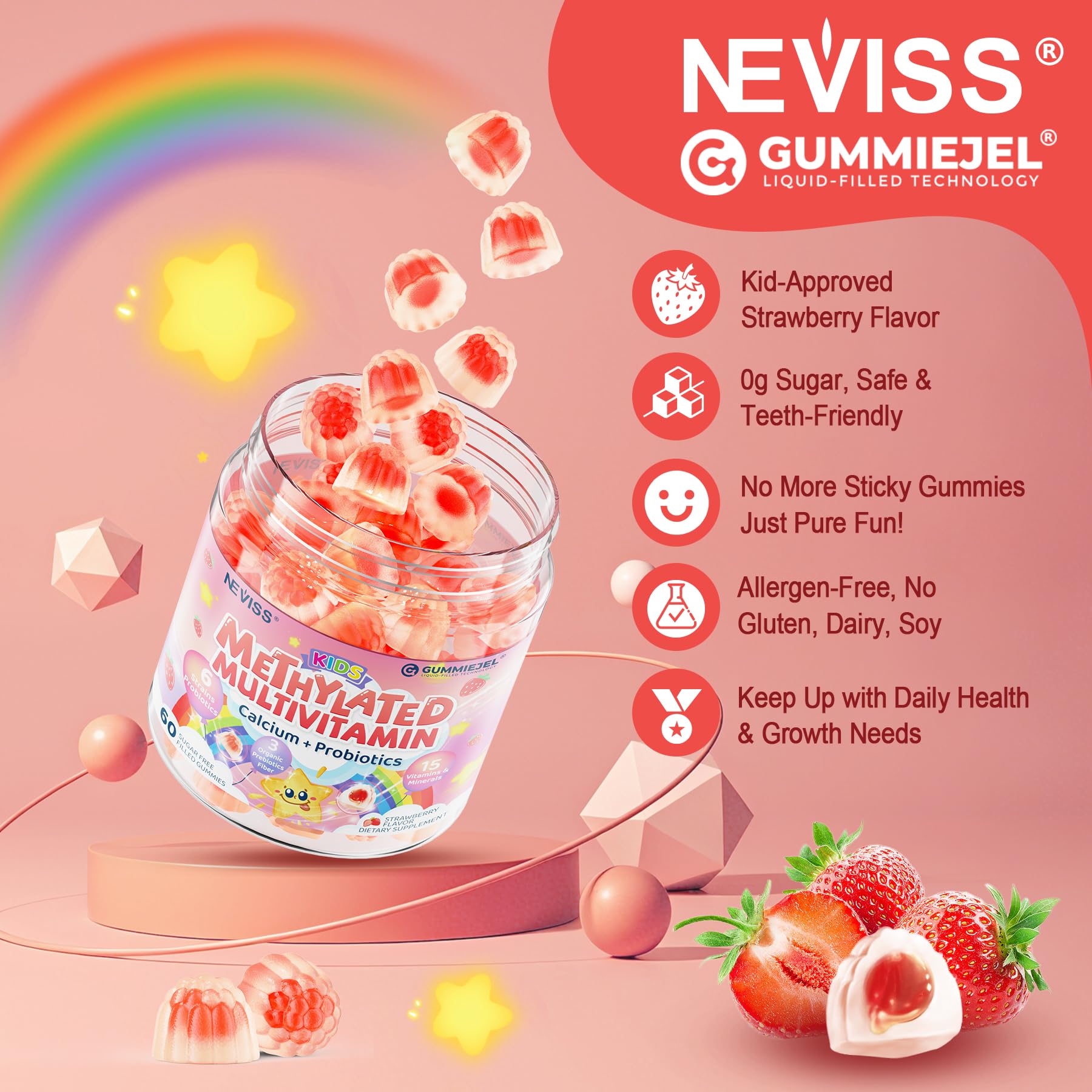 Neviss Kids Gummies include calcium and magnesium with vitamin D3 to support bone health.
