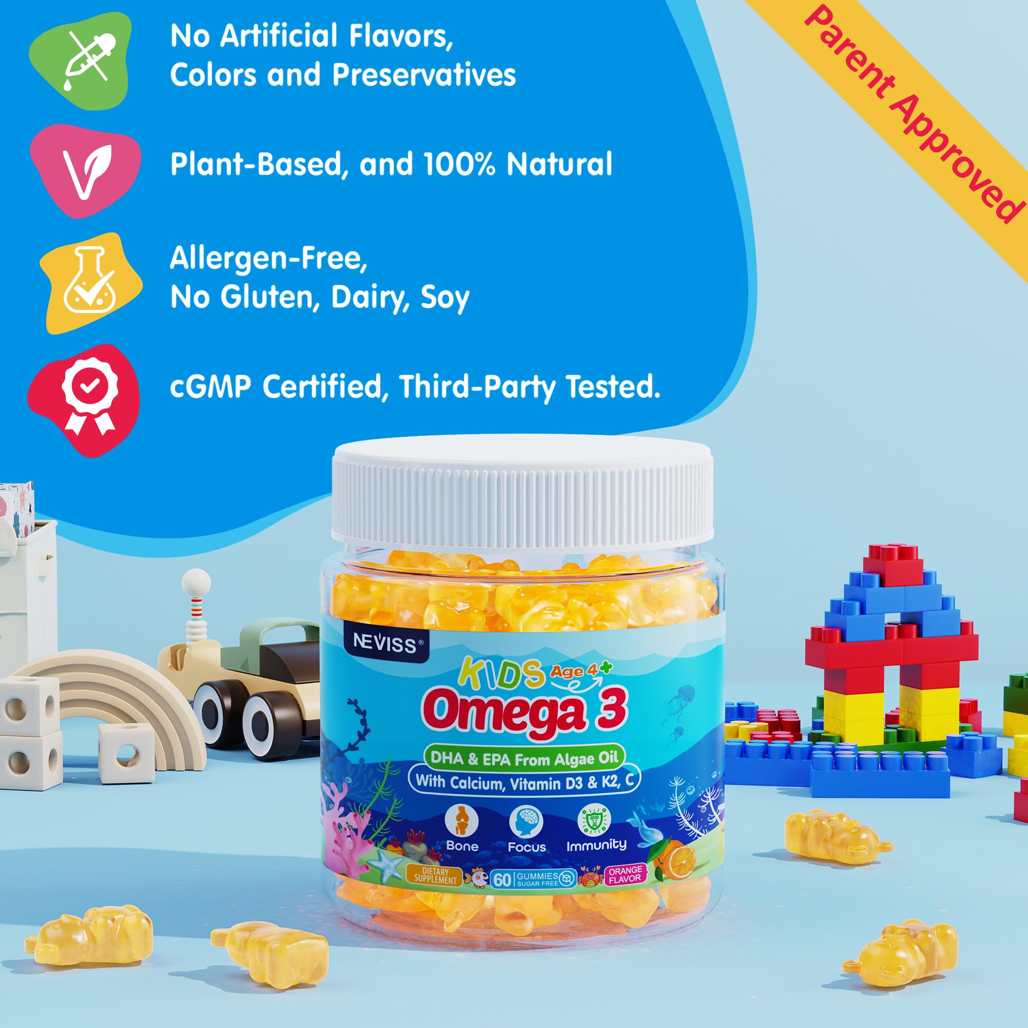 Allergen-free NEVISS gummies designed for kid-friendly nutrition.
