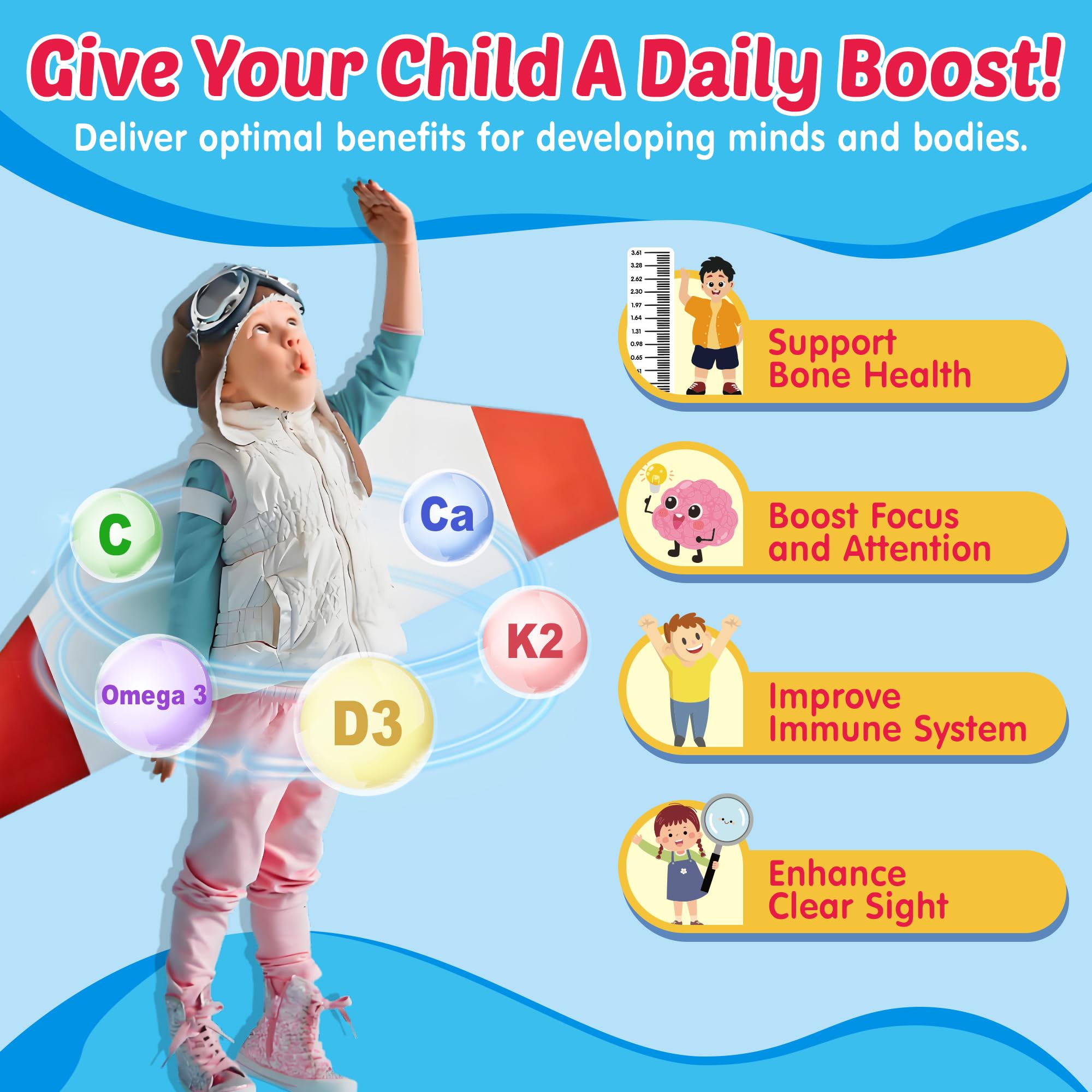 Calcium, D3, and K2 shown as part of NEVISS kids multivitamin gummies.