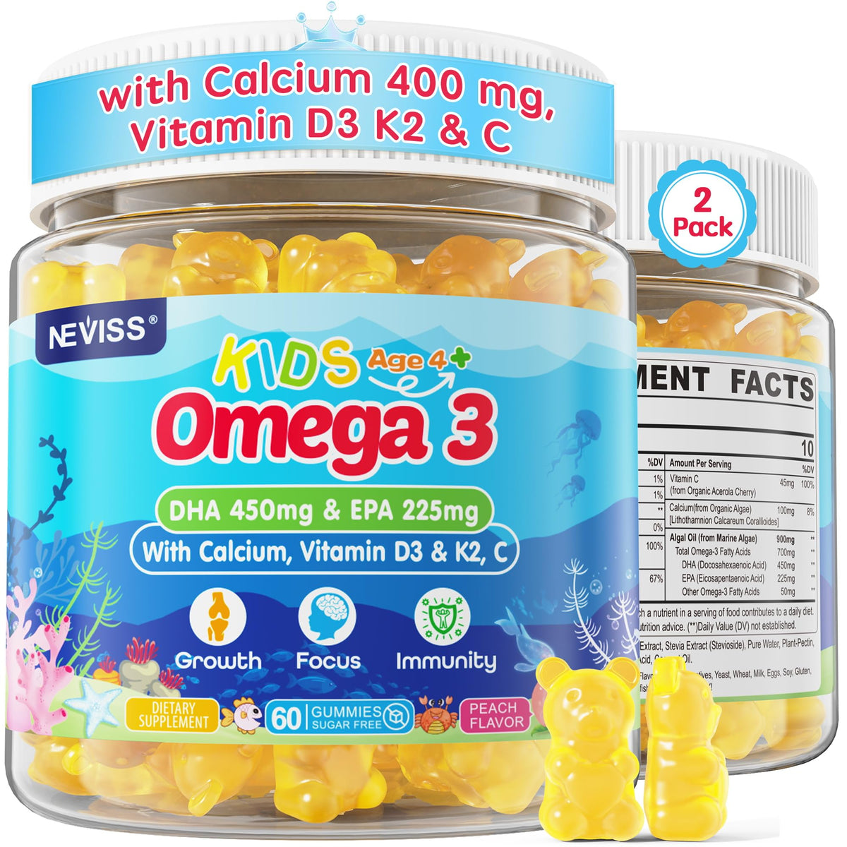 NEVISS Kids Omega-3 Gummies front view showing orange flavor for daily nutrition.