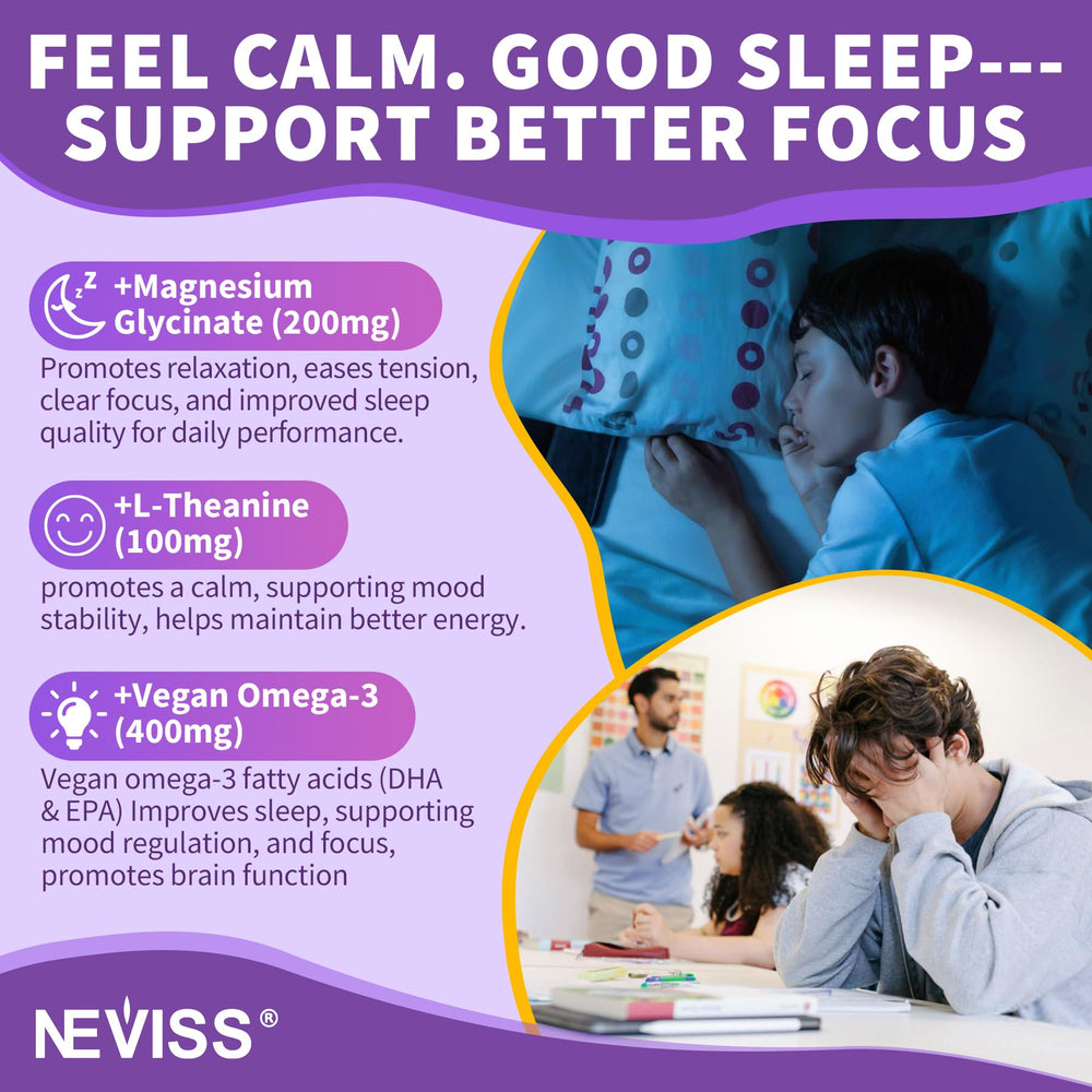 NEVISS L-theanine teen gummies convey relaxed mood for study.