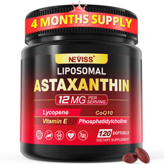 NEVISS liposomal astaxanthin 12mg bottle supports skin and eyes.